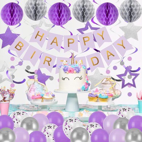 YEOCU Birthday Decorations, Happy Birthday Banner with Birthday Balloons, Honeycomb Balls, Hanging Swirls, Circle Dots Garland, Happy Birthday Party Decorations for Women Men Boy Girl (Purple&Silver)