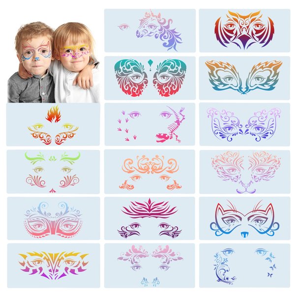 16 Pieces Carnival Face Stencils Reusable Face Paint Templates for Kids Adult Tattoo Face Painting Dinosaur Unicorn Pattern Carnival Party Supply, 10 x 4.7 Inch
