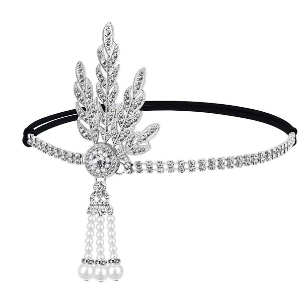 Gortin 1920's Flapper Headband Leaf Rhiestones Headpiece Pearl Tassel Headdress Head Bands Bridal Flapper Hair Accessories Head Chain for Women and Girls (Silver)