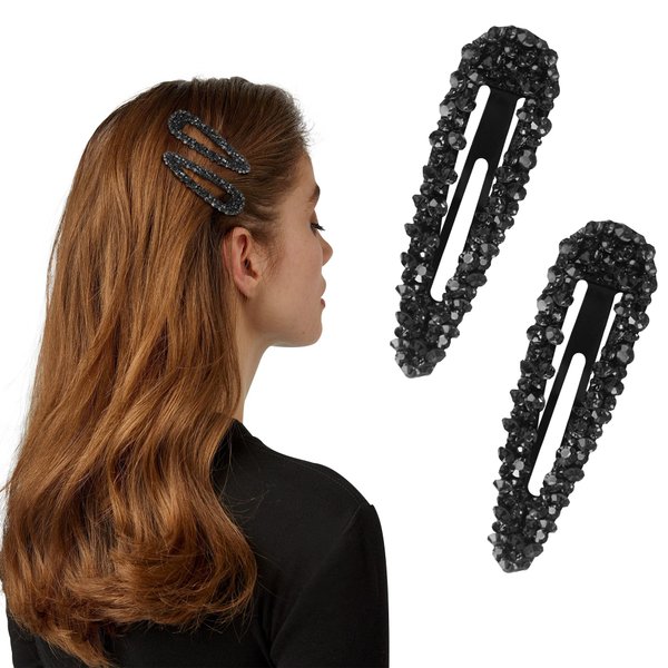 Rhinestone Snap Hair Clips 2-Pack, Metal and Crystal, Black, Sparkly Hair Accessories, Snap Hair Barrettes (Black)