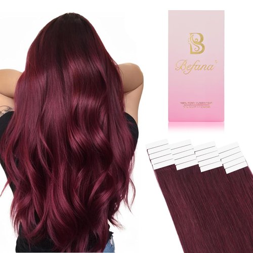 Befana Tape in Hair Extensions Human Hair,12inch 20 Pcs #99J Burgundy Human Hair Extensions Tape ins,Straight Silky 40g Remy Hair Extensions for Women Girls 12in #99J