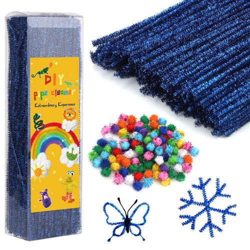 Iuuidu Pipe Cleaners Chenille Stem, 300PCS Glitter Pipe Cleaners Craft Supplies, Fuzzy Sticks Pipe Cleaner Brush with 100PCS Glitter Pom Poms for DIY Art Creative Craft Decorations (Royal Blue)
