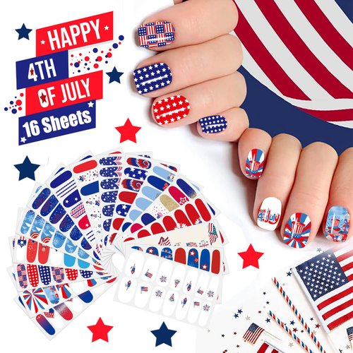 JERCLITY 224 Pieces 16 Sheets 4th of July Nail Wraps for Women Independence Day Nail Polish Strips Patriotic American Flag Nail Strips Self-Adhesive Nail Stickers with Nail File for Memorial Day