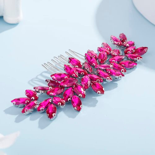 Teyglen Women Dainty Simple Full Rhinestones Bride Wedding Hair Comb Luxurious Hair Accessories Shiny Rhinestones Bridal Side Hair Combs for Women Bride Girls (Rose Red)