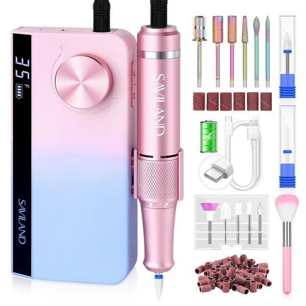 SAVILAND Portable Nail Drill Professional: 2024 Digital Pro E File | 35000 RPM Electric Cordless Fast Remover Anti-Shaking | Manicurist Nail Salon Superior Compactible for Acrylic Nails