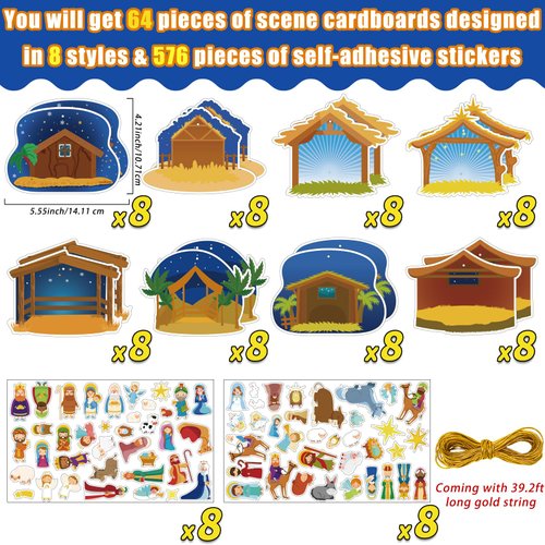 Kepeel 64PCS Christmas Nativity Scene Craft Kits for Kids, Make a Nativity Scene Hanging Ornament Christmas DIY Nativity Craft Kits Christmas Tree Ornament Kit for Party Home Classroom Game Activities