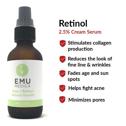 Emu Medica Natural Retinol Cream 2.5% For Face - Retinol Cream For Face, Anti-Aging Cream, Wrinkles, Fine Lines, Even Skin Tone, Age Spots, Sun Spots -Super 2 fl oz size.
