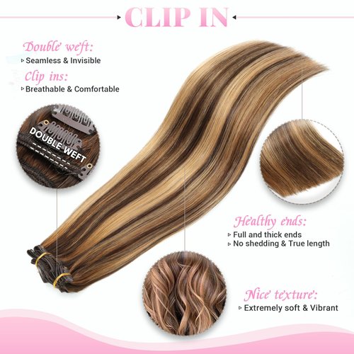 Evala Clip in Hair Extensions, 7pcs 120g Clip in Hair Extensions Real Human Hair 16 inch Clip ins #P4/27 Chocolate Brown to Caramel Blonde Hair Extensions Clip ins Brown Human Hair Extensions