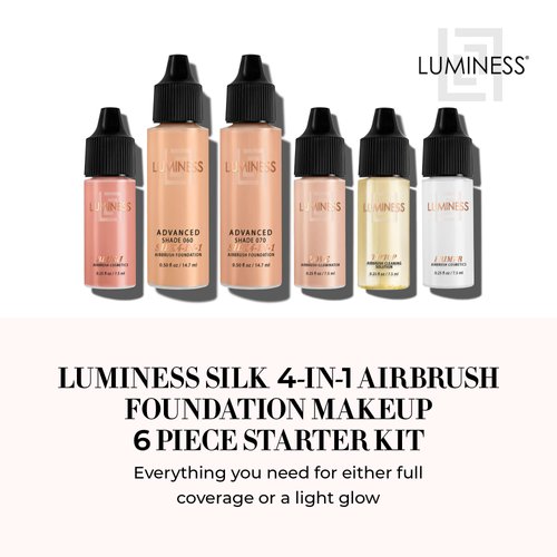 Luminess Silk 4-in-1 Airbrush Foundation Makeup Starter Kit - Warm Coverage, 6-piece - Includes 2x Silk Airbrush Foundation, Blush, Glow Highlighter, Moisturizer Primer & Airbrush Cleaning Solution
