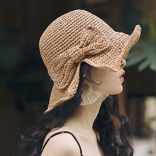 Foldable Wide Brim Floppy Straw Beach Sun Hat,Summer Cap with Bowknot for Women Girls,Strap Adjustable (1 Pack Khaki)