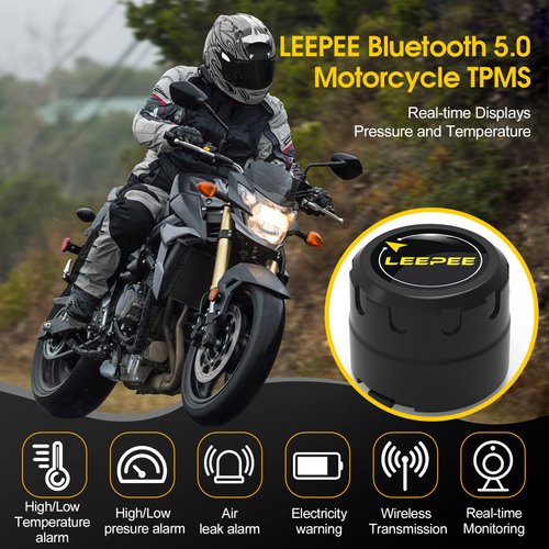 leepee Motorcycle Tire Pressure Monitoring System, Tire Pressure and Temperature Alarm, Wireless Motorcycle TPMS with 2 External Sensors, Support iOS and Android
