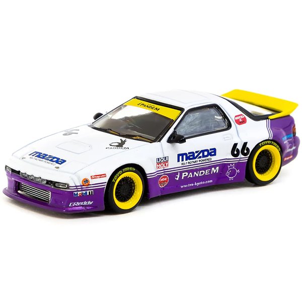 RX-7 FC3S Pandem RHD (Right Hand Drive) #66 White and Purple with Graphics Hobby64 Series 1/64 Diecast Model Car by Tarmac Works T64-066-WP