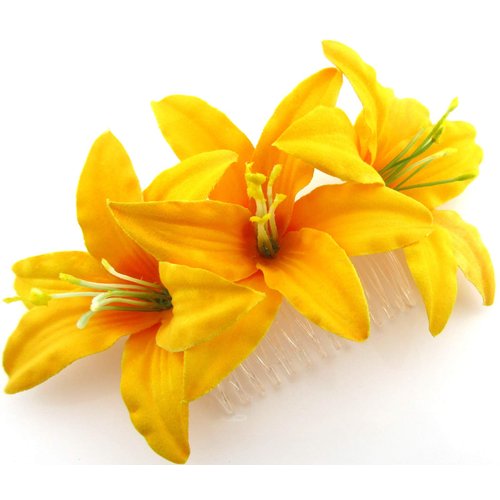 Triple 3.5" Yellow Lily Silk Flower Hair Comb