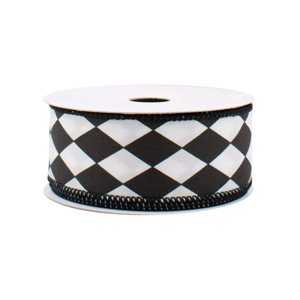 Black White Diamonds Harlequin Ribbon - 1 1/2" x 10 Yards, Argyle, Black Wire Edged, Wedding Embellishments, Gift Wrapping, Wreath Decoration, Garland, Tree Topper Bow, Christmas, Mardi Gras