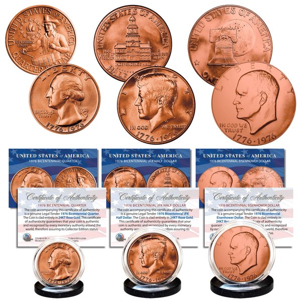 1976 Bicentennial Genuine Rose Gold Plated U.S. Coin Set JFK Half Dollar / IKE Dollar / Quarter Dollar 3-Coin Collection