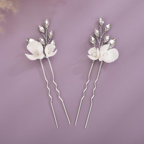 Teyglen 2pcs Flower Bridal Hair Pins Rhinestone Wedding Hair Pins Clips Set with Pearl Flower Hair Accessories for Bride Wedding Crystal Hair Piece for Women Girls (Silver)