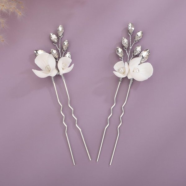 Teyglen 2pcs Flower Bridal Hair Pins Rhinestone Wedding Hair Pins Clips Set with Pearl Flower Hair Accessories for Bride Wedding Crystal Hair Piece for Women Girls (Silver)