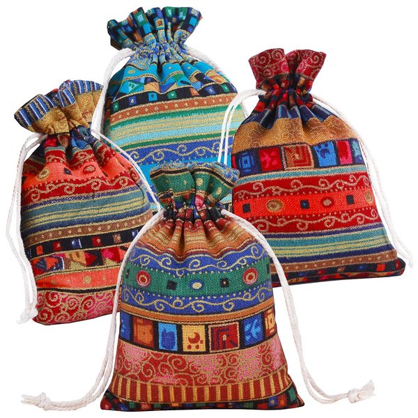 PINOWU Ethnic Style Drawstring Gift Bag 5x7 Cotton Reusable Pouches (12pcs) Jewelry Coin Pouches Biodegradable Eco-Friendly Sachet Bags for Candy Wedding Party Valentine Favors