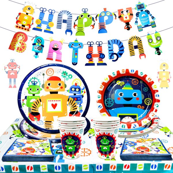 LaVenty 34 PCS Robot Birthday Party Supplies Robot Birthday Party Favors Robot Birthday Banner Robot Birthday Party Decoration Robot Birthday Party Plates and Napkins
