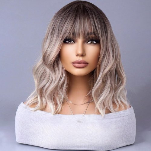 WTHCOS Ash Blonde Ombre Wig Short Bob Wig Short Curly Wavy Wig With Bangs for Women Blonde Ombre Wig Heat Resistant Synthetic Hair Wigs for Daily Use Cosplay Wig With Wig Cap