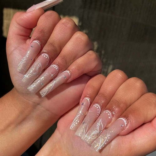 ANDGING Pink Press on Nails Long Square Fake Nails for Women with White Butterfly Rhinestone pearl Design French Tip Glue on Nails Acrylic False Nails Square Stick on Nails for Wedding Birthday 24Pcs