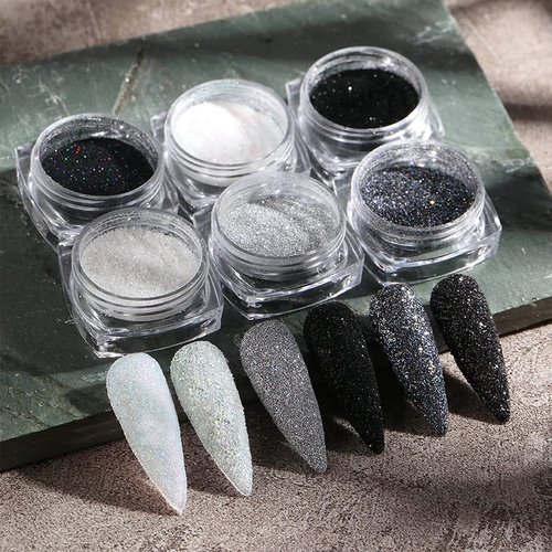 6 Jars Nail Glitter Powder Black White Sliver Dust Sugar Powder, Superfine French Nail Sugar Glitter Iridescent Candy Coat Nails Sweater Design Manicure Decorations DIY Crafts