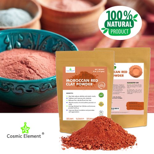 Cosmic Element Moroccan Red Clay Powder, Vegan Red Clay, Healing Clay for Face Mask Skin Care Detox, Clay Mask for Blackheads and Pores, 4 ounce (4 Oz)