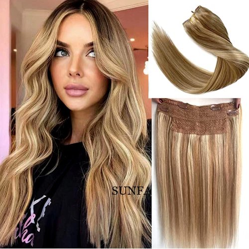 Natural Hair Extensions Human Hair, One Hairpiece Hair Extensions,Secret Hair Extensions Human Hair Invisible Wire Hair Extensions, Ombre Light Blonde to Golden Blonde Highlight 14inch 70g Straight Fish Line Hair Extensions Flip in Hair Extensions Clip in