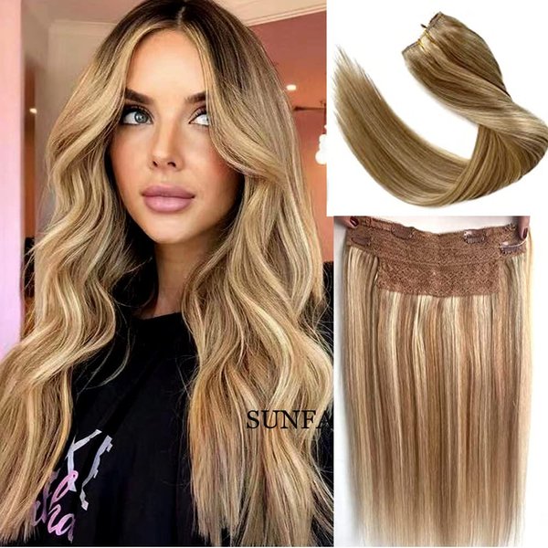 Natural Hair Extensions Human Hair, One Hairpiece Hair Extensions,Secret Hair Extensions Human Hair Invisible Wire Hair Extensions, Ombre Light Blonde to Golden Blonde Highlight 14inch 70g Straight Fish Line Hair Extensions Flip in Hair Extensions Clip in