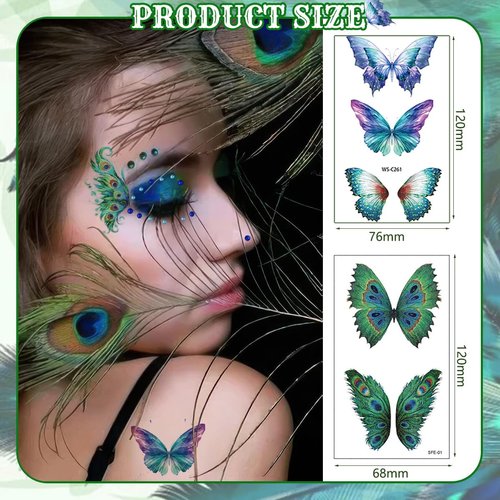 22Sheets Glitter Butterfly Temporary Tattoos Sticker for Eye Face Makeup Green Blue Flash Fairy Body Art Shiny Peacock Pattern Butterflies Waterproof Fake Tattoos for Women Girls Rave Festival Party