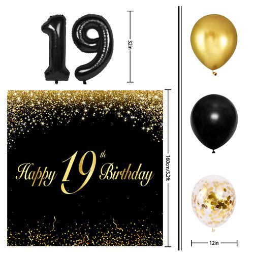 Happy 19th Birthday Balloons Black Set Decor - Cheers to 19 Years Old Party Theme Garland Banner Backdrop Decorations For Women and Men Supplies