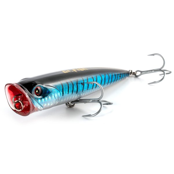 Dr.Fish Topwater Popper Saltwater Fishing Lures, 5-1/2 Inches GT Popper VMC Treble Hooks Surf Fishing Lures for Stripr Pike Salmon Lures Bass Popper Fishing Plugs Offshore Blue Stripes