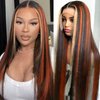 Ginger Blonde Highlight Lace Front Wigs Human Hair Skunk Stripe 13x4 Lace Frontal Wig Straight Black Ginger and Blonde Ombre Colored Wigs Glueluess Human Hair 22 Inch 180% Density Pre Plucked