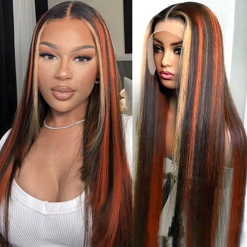 Ginger Blonde Highlight Lace Front Wigs Human Hair Skunk Stripe 13x4 Lace Frontal Wig Straight Black Ginger and Blonde Ombre Colored Wigs Glueluess Human Hair 22 Inch 180% Density Pre Plucked
