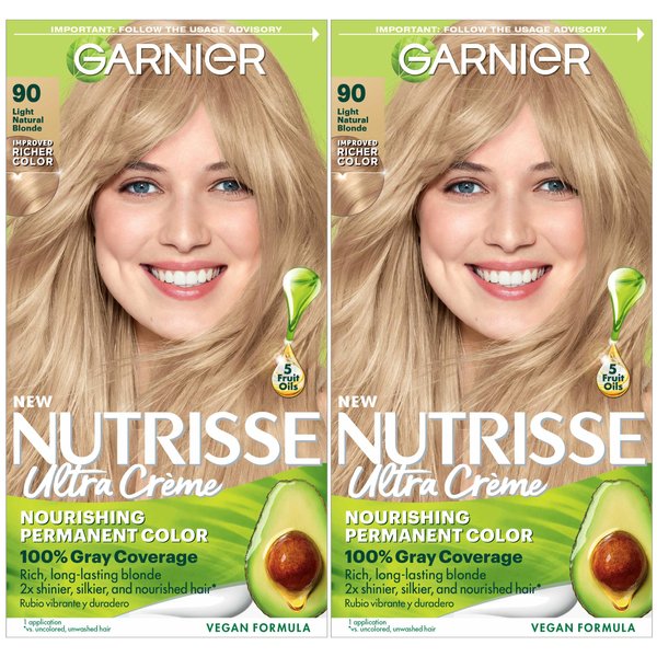 Garnier Hair Color Nutrisse Nourishing Creme, 90 Light Natural Blonde (Macadamia) Permanent Hair Dye, 2 Count (Packaging May Vary)