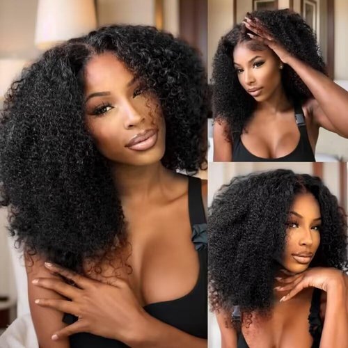 Tmbitto V Part Wigs Human Hair 180% Density Upgrade U Part Human Hair Wig V Part Curly Wig Human Hair Clips in Half Wigs NO Glue No Leave Out Afro Kinky Curly Wigs Human Hair Natural Color 18 Inch