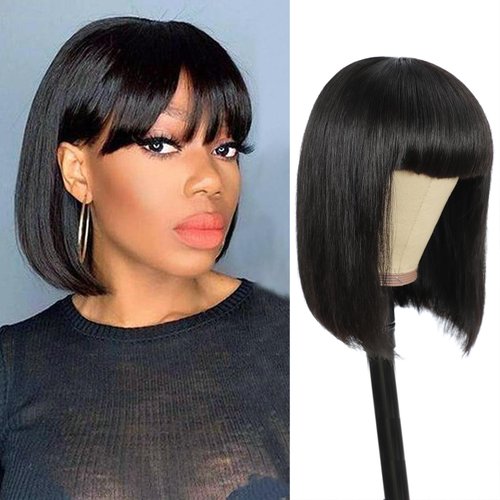 Adette Human Hair Bob Wig, Brazilian Straight Human Hair Wigs With Bangs, 150% Density None Lace Front Wigs Glueless Machine Made Wigs For black Women (12", Natural Black)