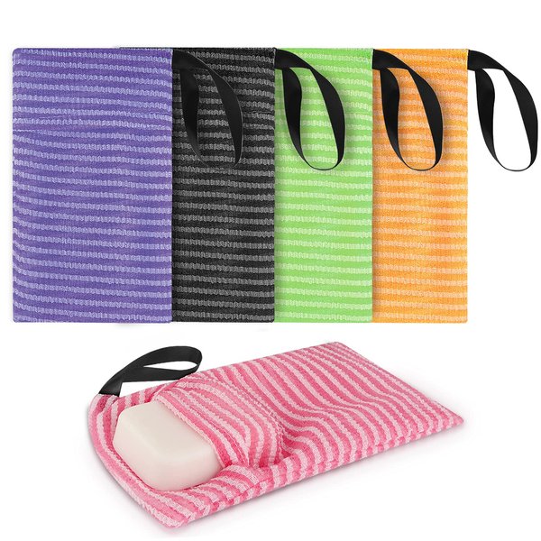 Linkidea 5 Pack Stripes Soap Bag for Soap Bars Bulk Pack, Wholesale Multi-Pack Exfoliating Sponge Body Scrubber Shower Soap Bag with Lanyard, Mesh Soap Saver Pouch for Foaming & Drying Soap Bags