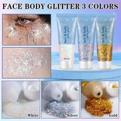 DAMUSI 3 Colors Face Glitter Gel Body Glitter Holographic Hair Glitter for Kids,Face Glitter Makeup,Chunky Sequins Face Body Hair Glitter Gel,Festival Rave Accessories (Gold+Silver+White)