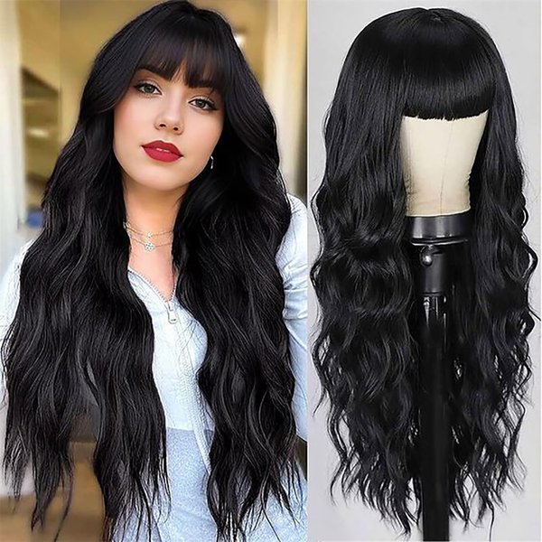 Allbell Long Wavy Wig with Bangs Black Wigs for Women 26 Inch Curly Wigs Natural Looking Synthetic Heat Resistant Fiber Wigs for Daily Party Use
