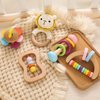 Wooden Baby Rattle Toys 5 PCS Rattle Set for Babies 0-6-12 Months Safari Animals Crochet Rattle Ring with Gift Box Wooden Montessori Toy for Newborn Infant Baby