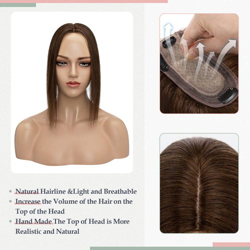 SLEEKALON Hair Toppers for Women Real Human Hair 150% Density Silk Base Medium Brown Top Hair Piece Topper Hair Wig Clips for Women with Thinning Hair Wiglets for Hair Loss Cover(10 Inch,04#)