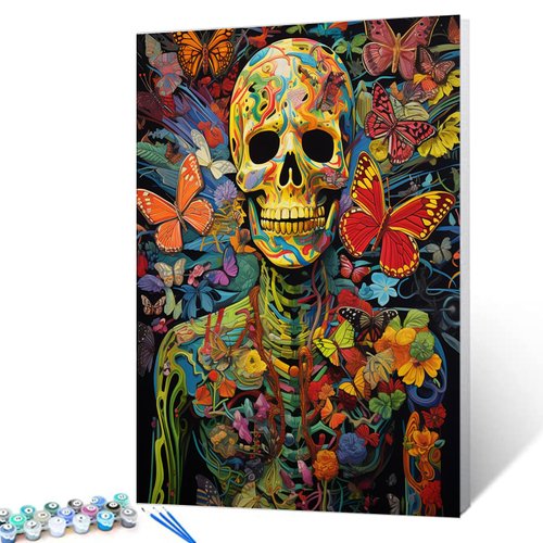 Human Skeleton with Butterfly Paint by Numbers Kits 16x20 inch Canvas Day of Death DIY Oil Painting for Kids, Adults Beginner Skull Artwork with Brushes,Home Modern Decor Paintwork Gift(DIY Frame)