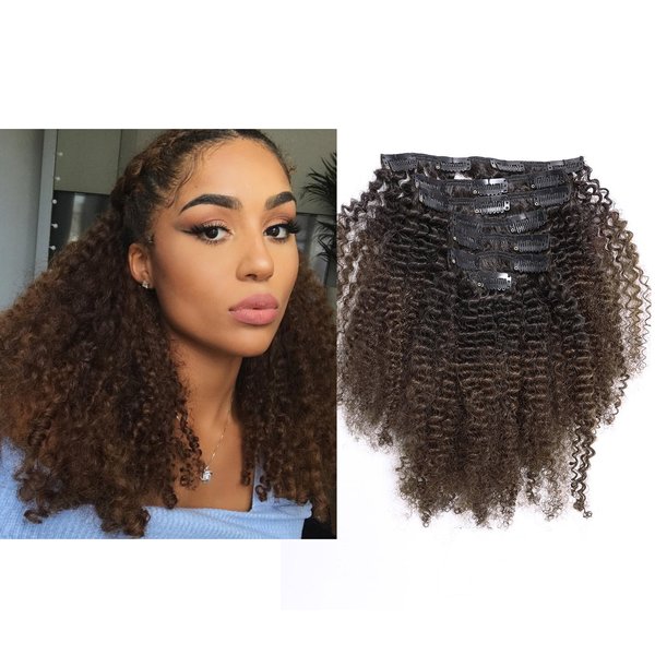 Ombre Remy Clip in Human Hair Extensions Afro Kinky Curly Clip ins 4B 4C 100% Natural Black Hair Extensions 10-22 inch Two Tone T#1B/4 Ombre Dark Brown Color Full Head (16 inch, Ombre#1B/4 AC)