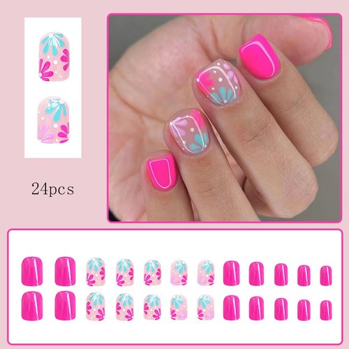 Flower Press On Nails Short Square Fake Nails With Light Blue Pink Flowers Design Glossy Cute False Nails Artificial Reusable Glue On Nails Short Nails Press ons Full Cover Stick On Nails for Women 24