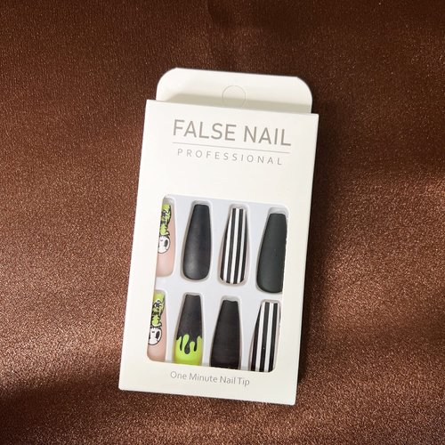 24Pcs Long Press on Nail Halloween Coffin Fake Nails Black White Stripes Cute Ghost Design Glossy False Nails for Women Girls Stick on Nails with Glue on Acrylic Nail Tips