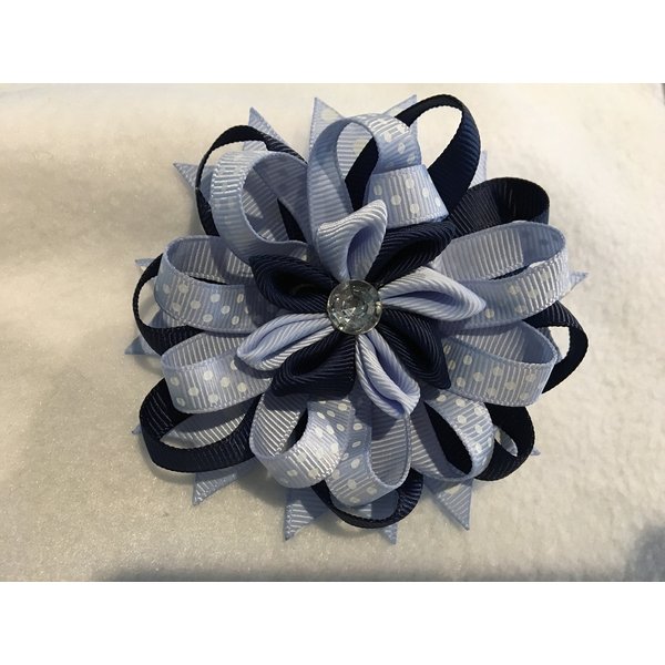 Grosgrain Ribbon Hair Bow, Stacked Hair Bow, Flower Hair Bow, Blue Hair Bow, Polka Dot, Kanzashi Flower