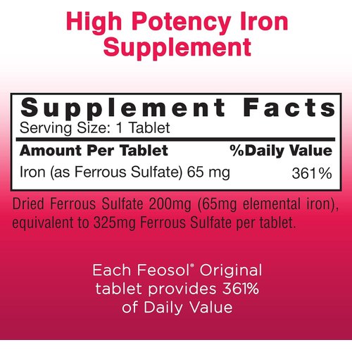Feosol Original Iron Supplement Tablets,Non-heme 325mg Ferrous Sulfate (65mg Elemental Iron) per Iron Pill, 1 Per Day, 4 Month Supply, for Energy and Immune System Support (120 ct Pack of 2)