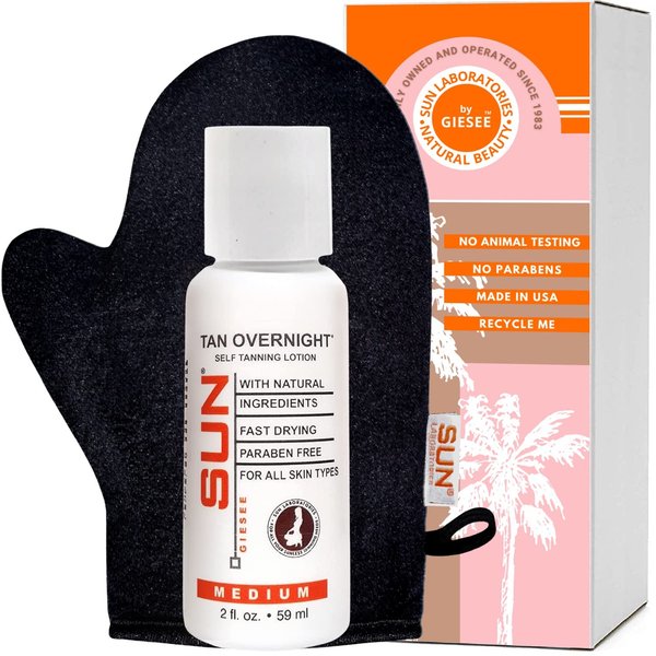 Sun Laboratories By Giesee Tanning Mitt Plus Tan Overnight Self Tanner 2 oz - Self Tanning Lotion, Medium Tone Self Tanner, Organic Sunless Tanning Lotion, Travel Size Tanning Mitt