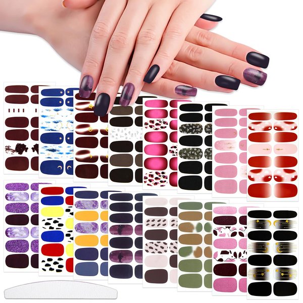 WOKOTO 16 Sheets Gradient Mable Nail Stickers Full Nail Polish Wraps Stickers for Women Girls Gel Nail Strips Stick On Nails Polish Strips with Nail File Nail Gel Stickers Full Finernail Stickers